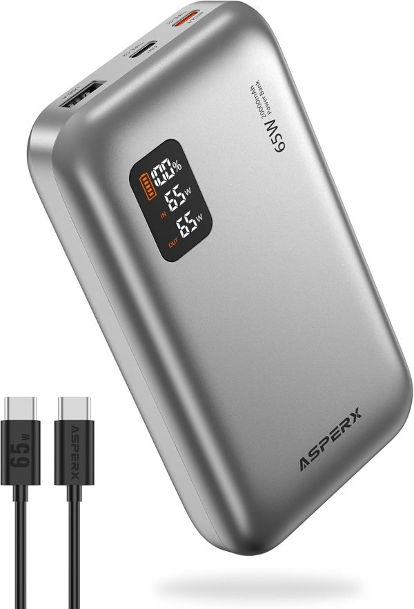 AsperX Power Bank, 20,000mAh 65W USB C Laptop Portable Charger, Smart Digital Display, PD 3.0 Fast Charging Battery Pack for MacBook, ipad,iPhone 15/14/13 Series,Galaxy S24,Dell XPS